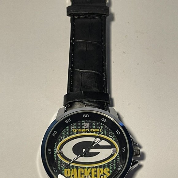 Green Bay Packers NFL Faux Leather Band Men's Wristwatch NEW - Picture 2 of 6